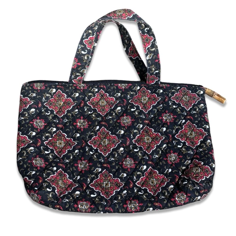 Quilted Cotton Mini Tote Bag Black Red Medallion Zip Top Boho Travel Purse